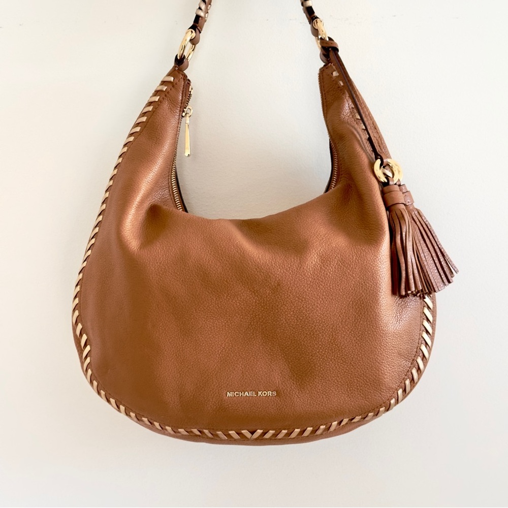 Michael Kors Tan Brown Leather Shoulder Hobo Bag with Tassel